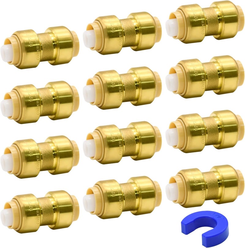Ruby Q 12 Pack 1/2” Push-to-Connect Plumbing Fittings, Pushfit Straight Coupling Plumbing Fittings with Disconnect Clip for Copper, PEX, CPVC Pipe - Image 1